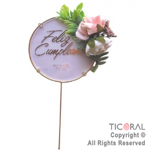 CAKE TOPPER FELIZ CUMPLEA�OS REDONDO CON FLORES ORO  X 1
